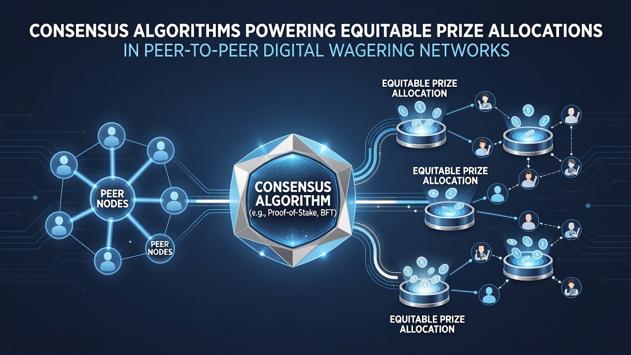 Darstellung eines dezentralen Netzwerks mit Knotenpunkten, die Konsensalgorithmen für faire Preisverteilungen in digitalen Wettplattformen visualisieren