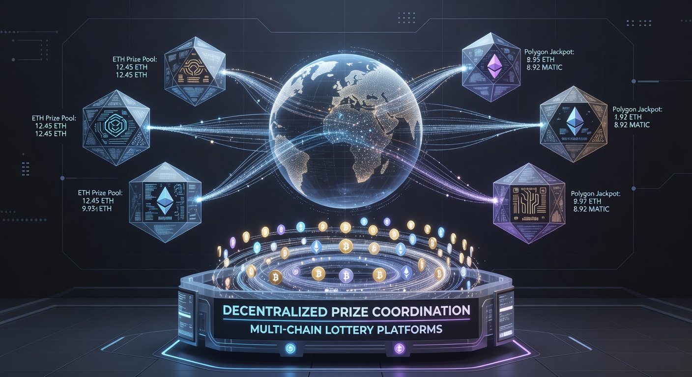 Darstellung einer DAO-Struktur mit vernetzten Blockchain-Knoten für Preispool-Koordination in Multi-Chain-Lotterien