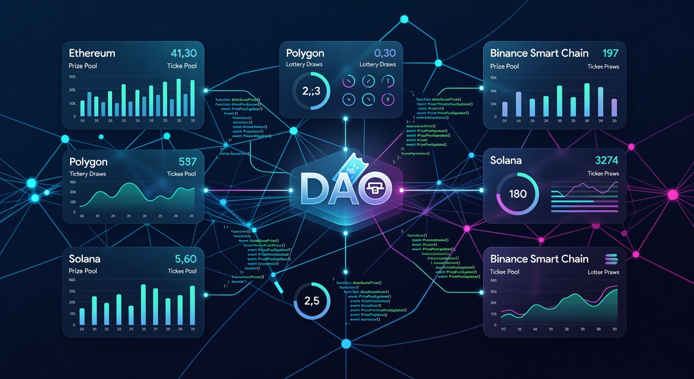 Illustration von Smart Contracts und Cross-Chain-Brücken bei der Koordination von Preispools in dezentralen Lotteriesystemen