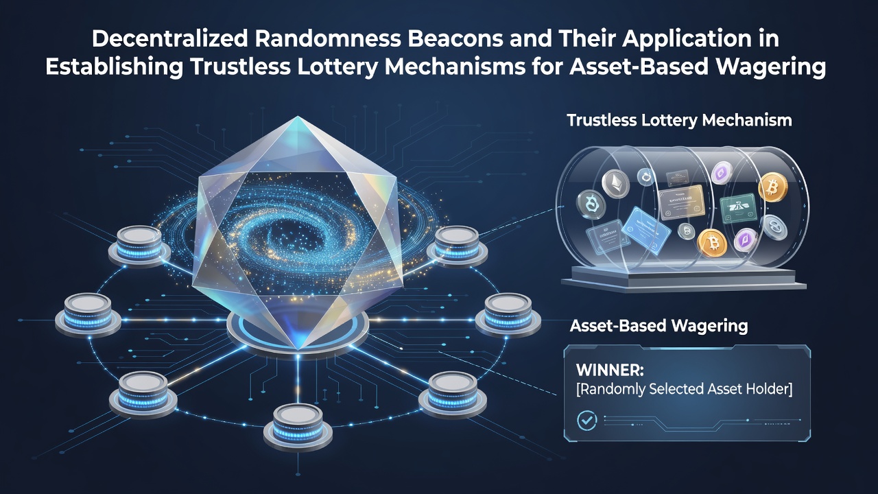 Darstellung eines dezentralisierten Zufallsbeacons-Netzwerks mit verbundenen Blockchain-Knoten und Zufallswerten