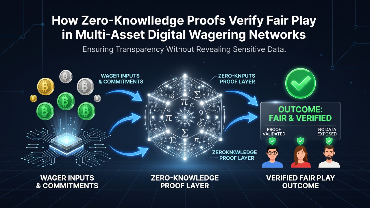 Illustration eines verifizierten Zufallsprozesses mit Zero-Knowledge-Proofs in einem Multi-Asset-Wettsystem