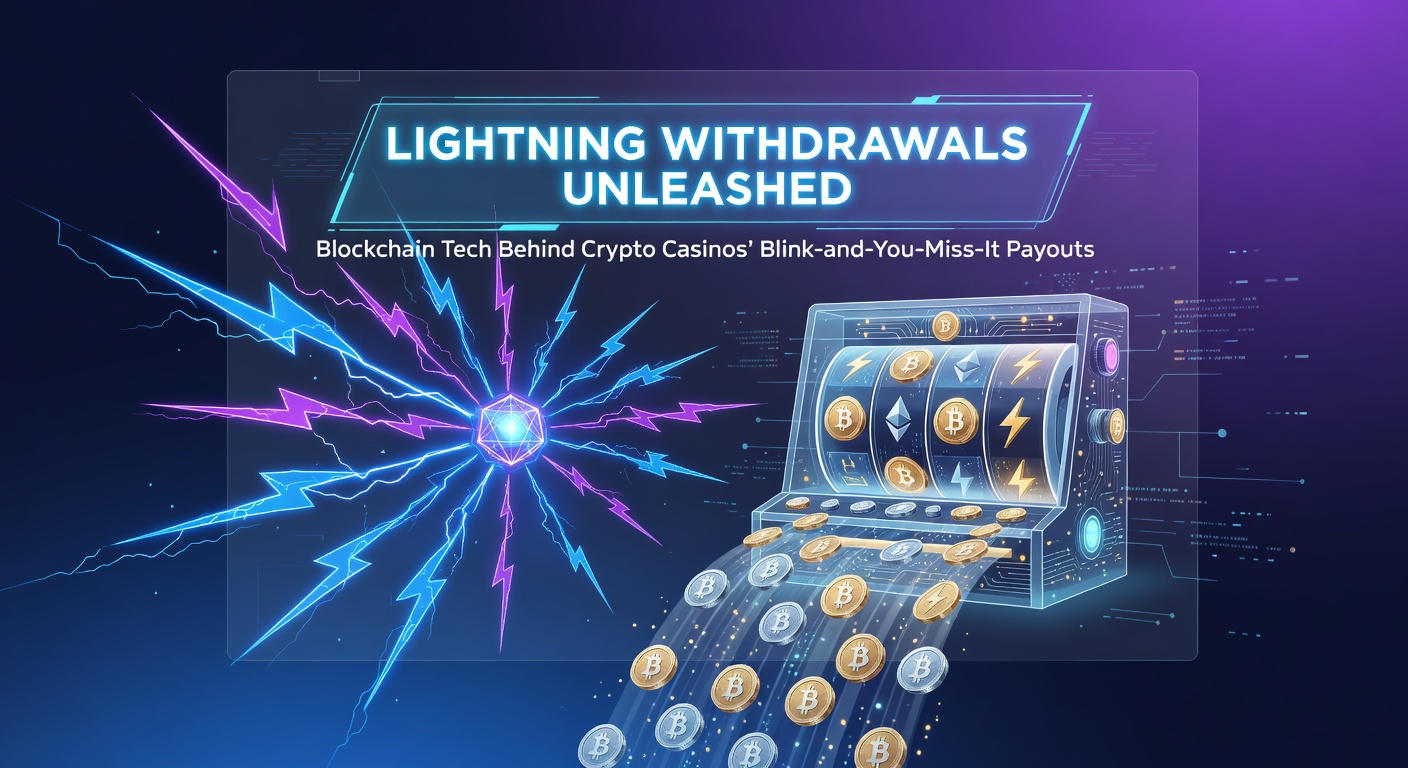 Blitzschnelle Lightning-Transaktionen in einem Crypto-Casino, visualisiert durch leuchtende Blockchain-Knoten und Münzen, die in Echtzeit fliegen