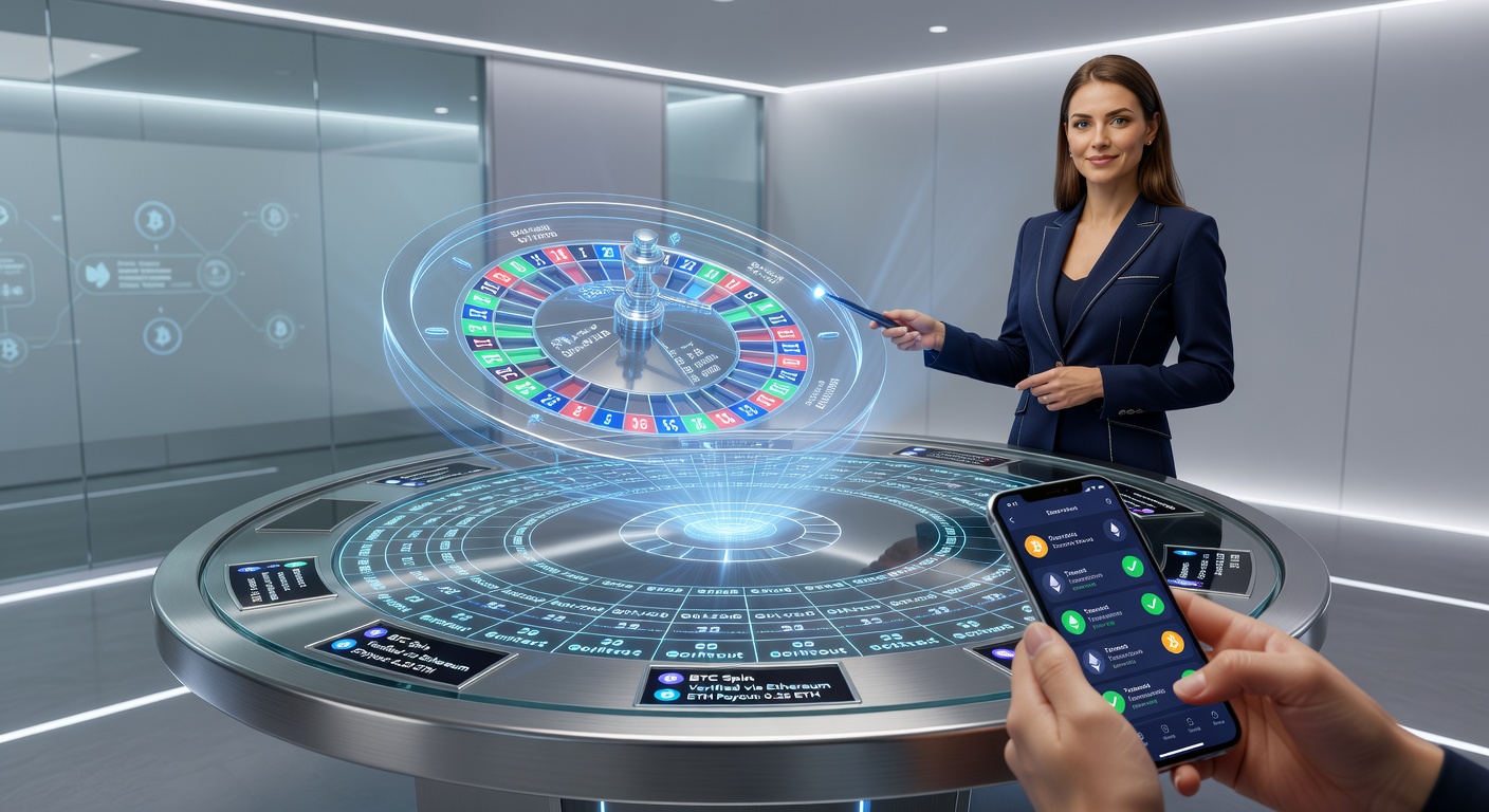 Blockchain-Visualisierung mit Roulette-Rad und Crypto-Transaktionen, die Transparenz illustrieren