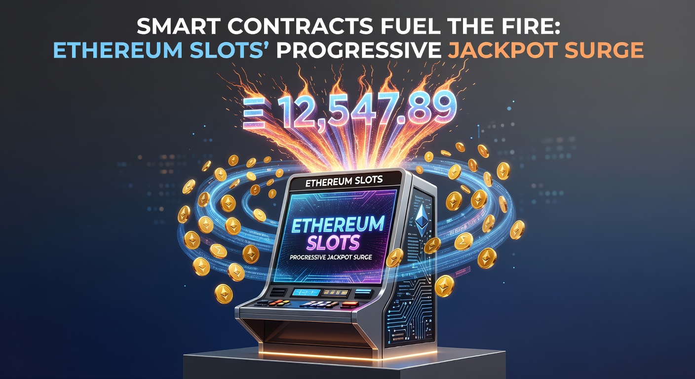 Visuelle Darstellung eines explodierenden progressiven Jackpots auf Ethereum-Blockchain mit Smart-Contract-Symbolen und Slot-Maschinen