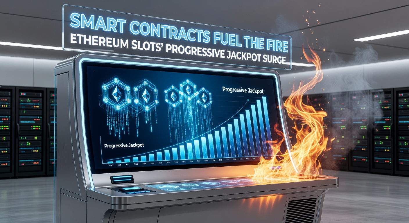 Grafik mit steigenden Jackpot-Kurven auf Ethereum, umgeben von Smart-Contract-Code und Slot-Symbolen