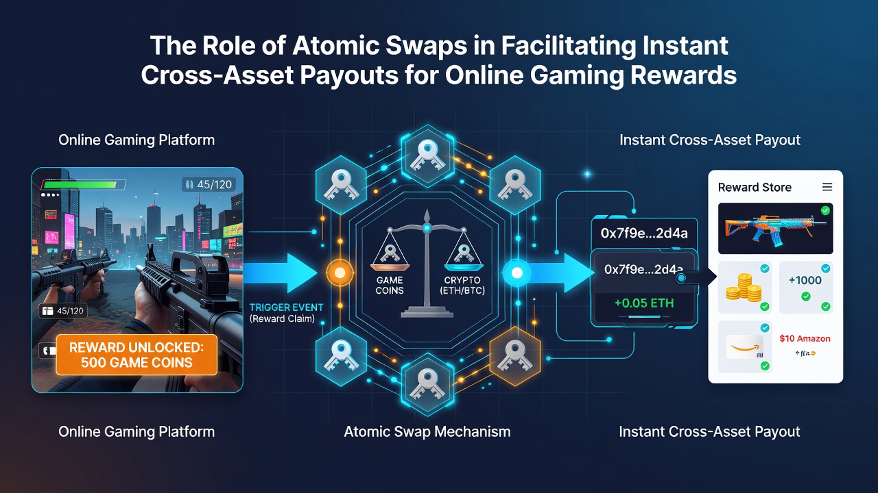 Diagram of cross-chain atomic swap flow in gaming reward systems